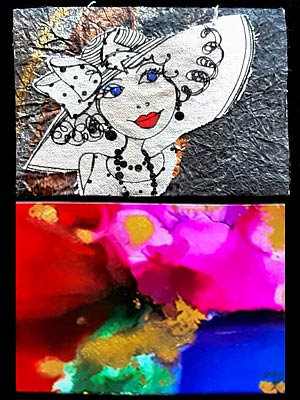 Artist trading cards featuring a cartoon drawing of a lady in a large hat with textured background, and a brightly coloured abstract ink painting