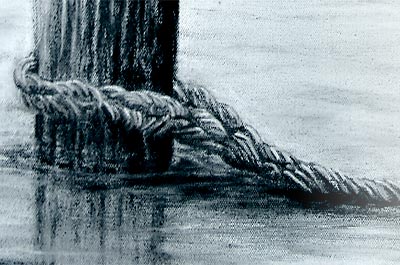 Graphite drawing of a weathered bollard in water with rope, by Ruth Quinn