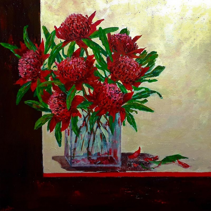 ‘Waratah, Springs Offering’, painting by Catherine Hamilton 'Waratah, Springs Offering', still life painting of red waratah flowers in glass vase, by Catherine Hamilton