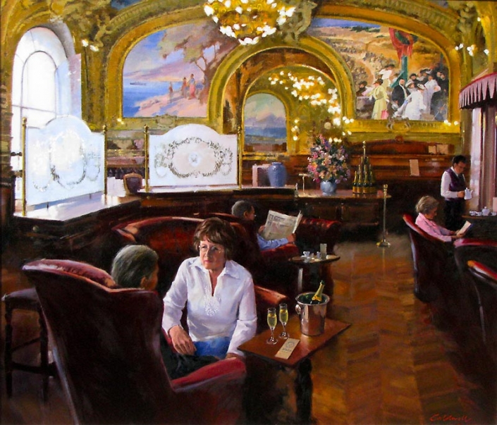 ‘Blue Train’, oil painting by Bill Caldwell 'Blue Train', oil painting of old world cafe interior with patrons, by Bill Caldwell