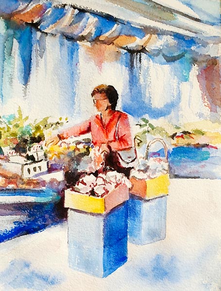 ‘Careful Selection’, watercolour class project by Di H 'Careful Selection', watercolour of a lady selecting from a flower stall, class project by Di H