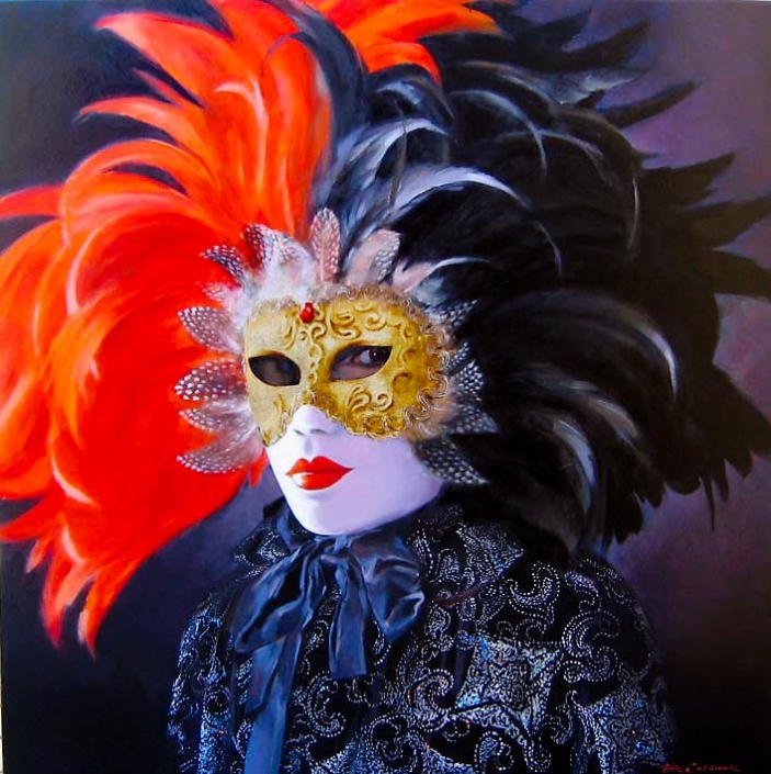 ‘Carnevale’, oil painting by Bill Caldwell 'Carnevale', oil painting of a person in Venetian costume with mask, by Bill Caldwell