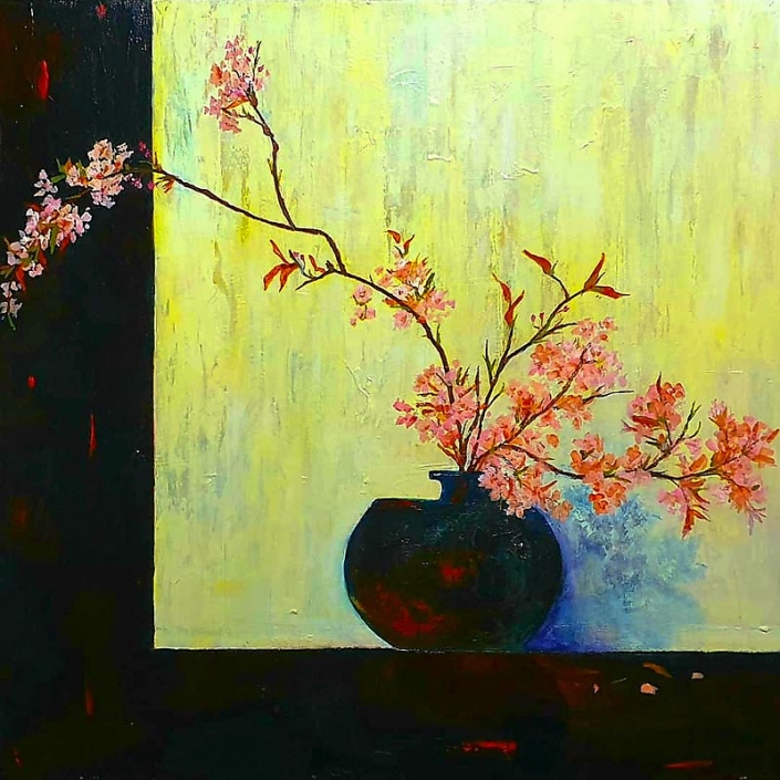 ‘Cherry Blossom and Japanes Vase’, painting by Catherine Hamilton 'Cherry Blossom and Japanes Vase', painting of peach coloured blossom in a dark vase, by Catherine Hamilton