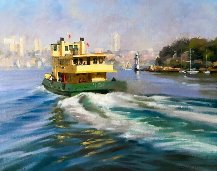 ‘Commuters at Cremorne’, oil painting by Bill Caldwell 'Commuters at Cremorne', oil painting of a ferry on Sydney harbour by Bill Caldwell