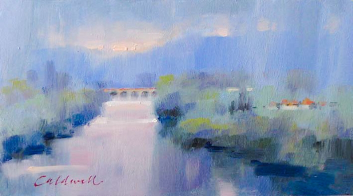 Dordogne, oil painting by Bill Caldwell Dordogne, oil painting of river with bridge in misty blues and greens, by Bill Caldwell