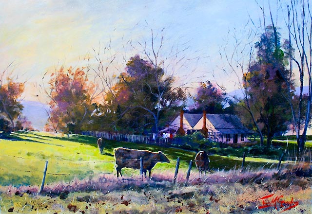 Julie Goldspink – Autumn Glow Healesville – acrylic Autumn Glow Healesville, acrylic painting of a pastoral scene with farmhouse and cows, by Julie Goldspink
