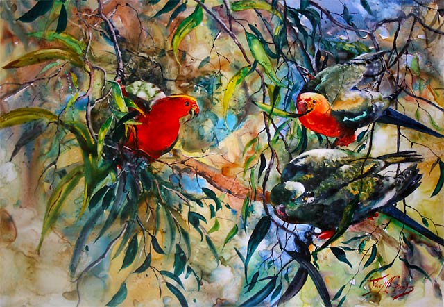 Julie Goldspink – Hanging Around No3 – watercolour on Yupo Hanging Around No 3, watercolour painting of king parrots, by Julie Goldspink on 200gsm Yupo paper
