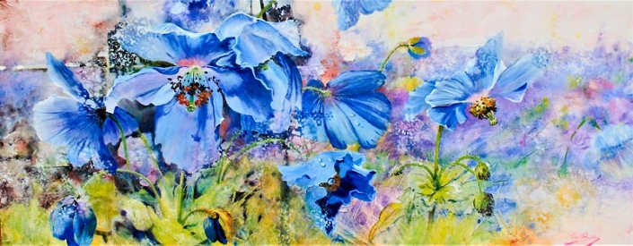 Julie Goldspink – Himalayan Blues – acrylic and watercolour Himalayan Blues, acrylic and watercolour painting of blue flowers, by Julie Goldspink on canvas