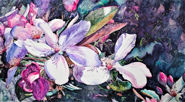 Julie Goldspink – Spring Awakens – watercolour on watercolour canvas Spring Awakens, watercolour painting of flowers by Julie Goldspink on watercolour canvas