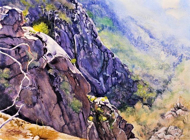 Julie Goldspink – View From Mt Buffalo – watercolour on paper Julie Goldspink - painting titled 'View From Mt Buffalo' - watercolour on Arches watercolour paper