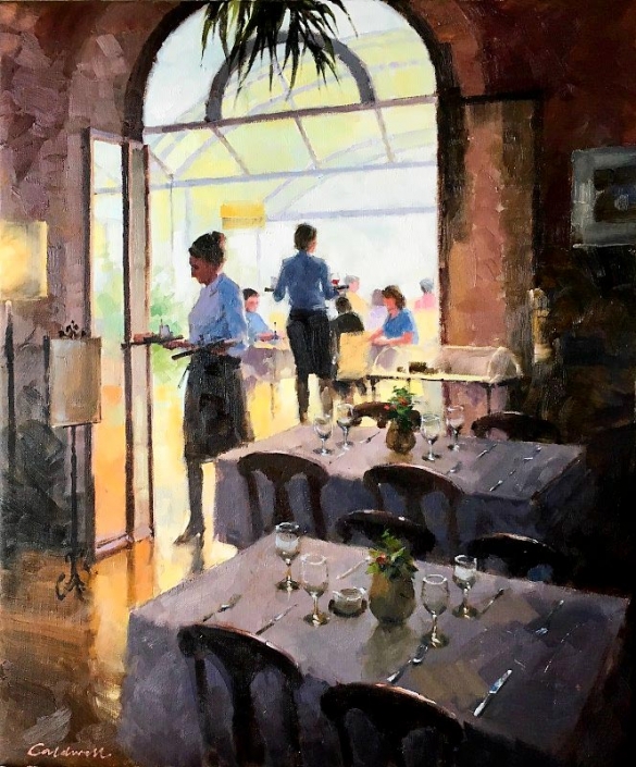 ‘Lunch at Montepulciano’, oil painting by Bill Caldwell 'Lunch at Montepulciano', oil painting of a restaurant interior by Bill Caldwell
