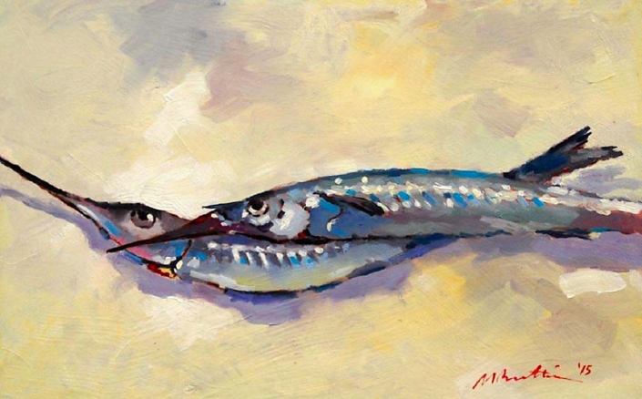 MalcolmBeattie, oil painting MalcolmBeattie, still life oil painting of two fish