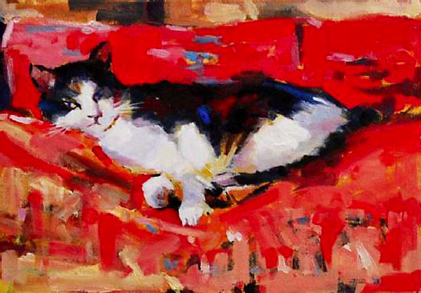 Malcolm Beattie, oil painting Malcolm Beattie, oil painting f a black and white cat on a red sofa