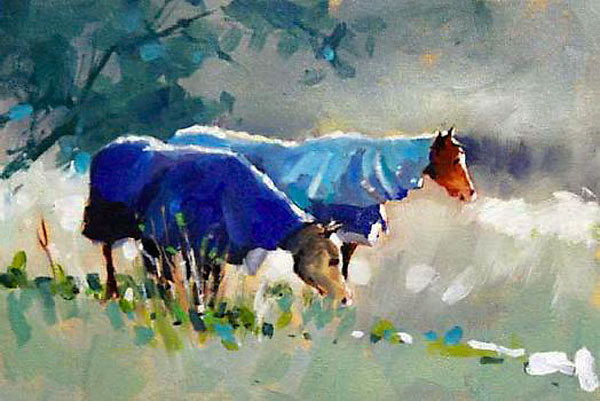 Malcolm Beattie, oil painting Malcolm Beattie, oil painting of two horses with coats
