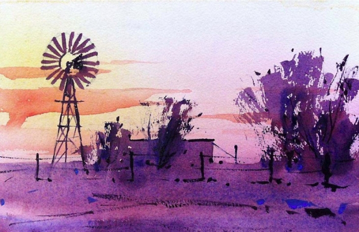 Malcolm Beattie, watercolour painting Malcolm Beattie, watercolour painting of an Australian rural landscape with windmill