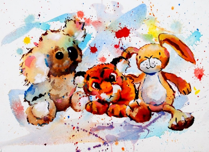 ‘Snuggle’, watercolour painting by Malcolm Beattie 'Snuggle', watercolour painting of children's soft toys by Malcolm Beattie