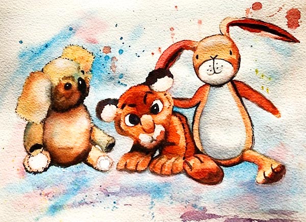‘Snuggle’, watercolour class project by Trish 'Snuggle', watercolour of soft toys, class project by Trish