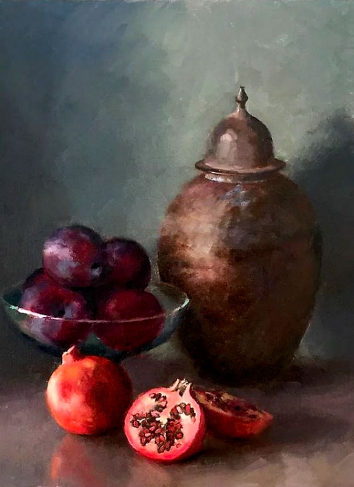 ‘Still Life With Plums and Pomegranates’, oil painting by Bill Caldwell 'Still Life With Plums and Pomegranates', oil painting by Bill Caldwell