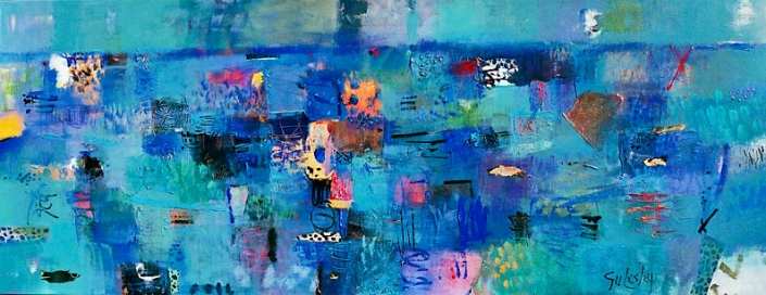 'Channel Lights From The Limeburners Bar', mixed media on canvas featuring shades of blue, by Su Fishpool, 70x180cm