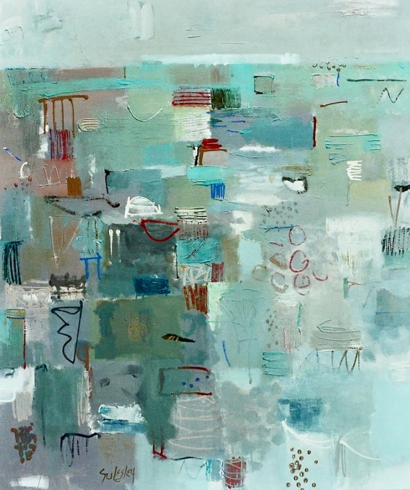 'First Light Off Flinders Jetty', mixed media on canvas featuring muted greens and reds, by Su Fishpool, 120x102 cm