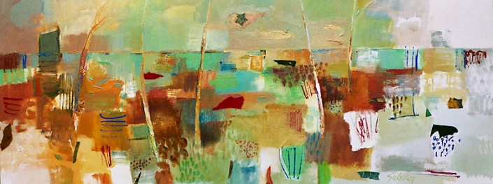 'Kissed By The Sun', painting in ochres and greens, by Su Fishpool, 70x180 cm