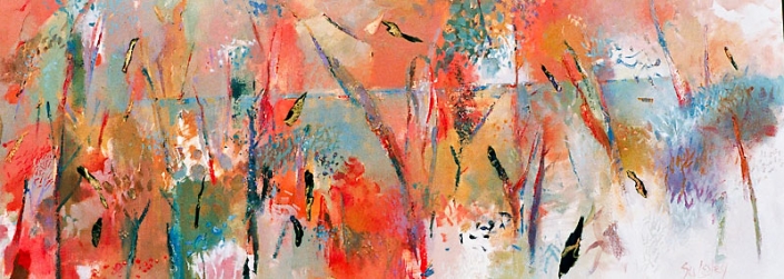 'Last Rays Warm Winter Days', abstract painting in oranges and blues with touches of black, mixed media on canvas, by Su Fishpool, 70x180 cm