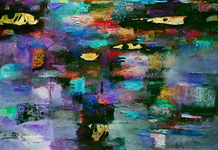 'Moonlight Swim', multi-coloured abstract painting, mixed media on paper by Su Fishpool, 70x100 cm