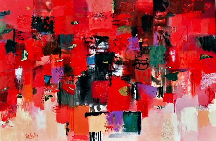 'Song Of The Lone Samurai', abstract painting featuring reds, green and black, by Su Fishpool, 100x150cm