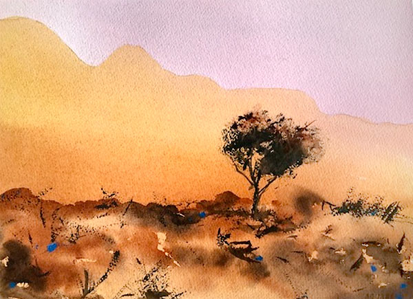 ‘Wilpena Ranges’, watercolour class projectby Kerry 'Wilpena Ranges', watercolour landscape with foreground tree and mountains, class project by Kerry