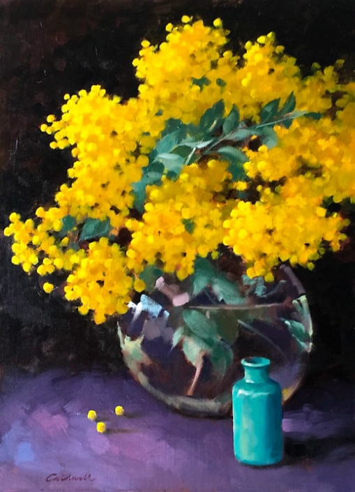 ‘Winter Gold’, oil painting by Bill Caldwell 'Winter Gold', oil painting of golden wattle in a glass vase, by Bill Caldwell