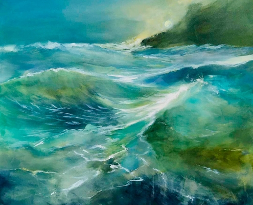 Seascape with stormy waves and sun behind headland, by SandraKarick