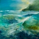 Seascape with stormy waves and sun behind headland, by SandraKarick