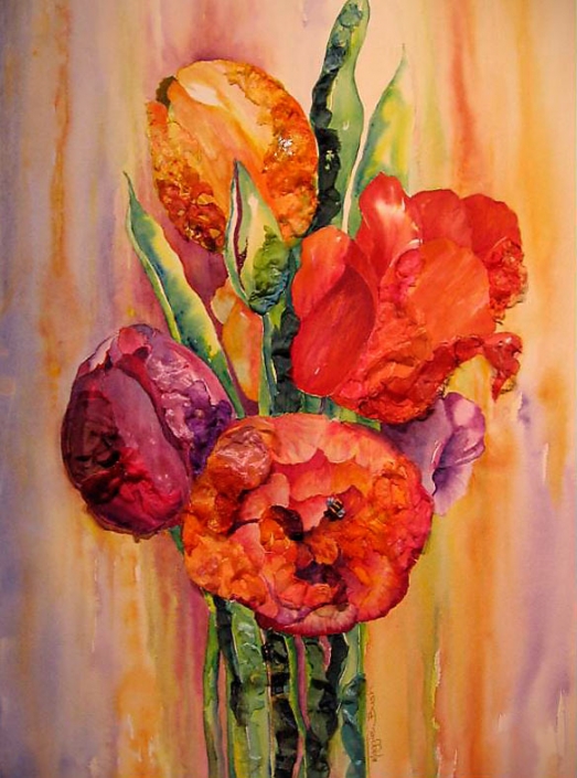 “3D Tulips” – watercolour and fabric by Maggie Bush "3D Tulips" - bunch of orange and pink tulips in watercolour and fabric, by Maggie Bush