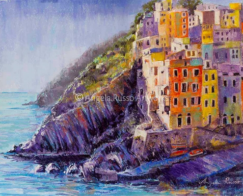 "Cinque Terra" - pastel painting of colourful tall buidings on a rocky cliff overlooking the sea, by Angela Russo