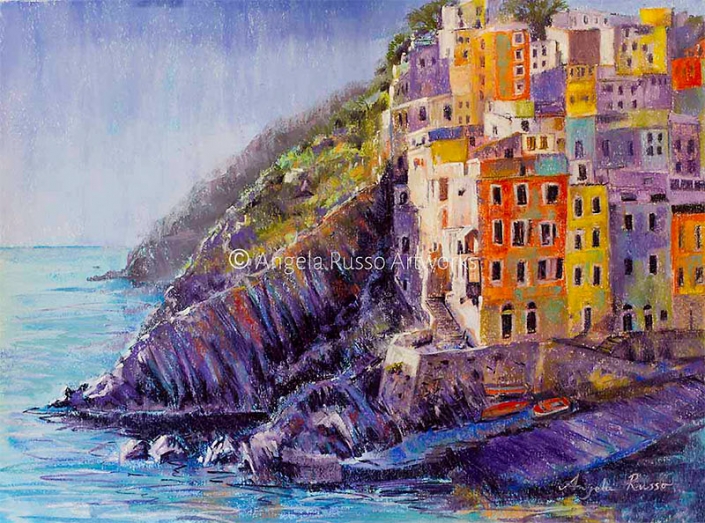"Cinque Terra" - pastel painting of colourful tall buidings on a rocky cliff overlooking the sea, by Angela Russo