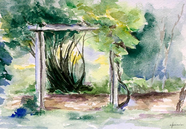 "Garden Doorway" - watercolour of a garden with a wooden foliage-covered trellis, by Elena Ferrarin