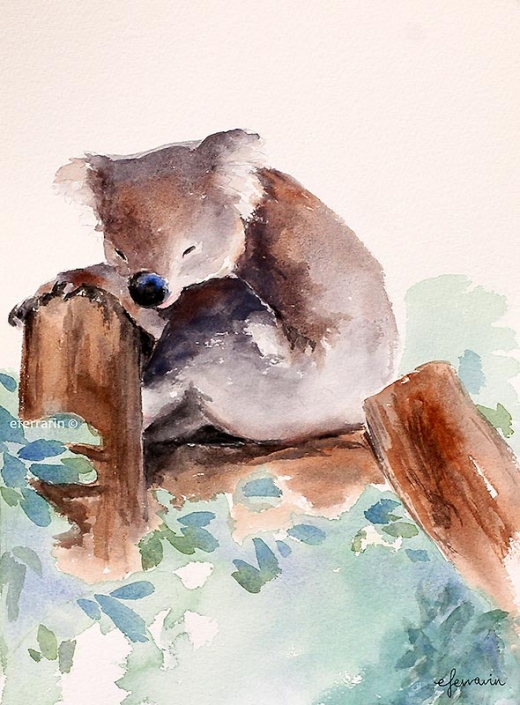 "Snoozing Koala" - watercolour of a koala asleep on a log, by Elena Ferrarin