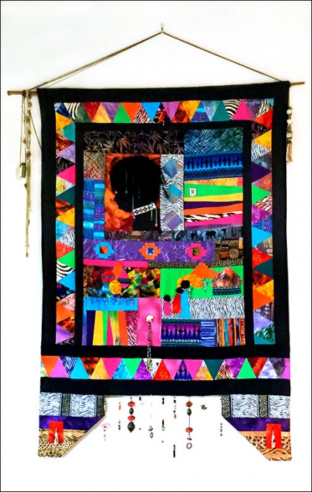 “My African Memories”- wall hanging with fabric and beading by Maggie Bush "My African Memories"- brightly coloured wall hanging with collaged patterned fabric and beading by Maggie Bush