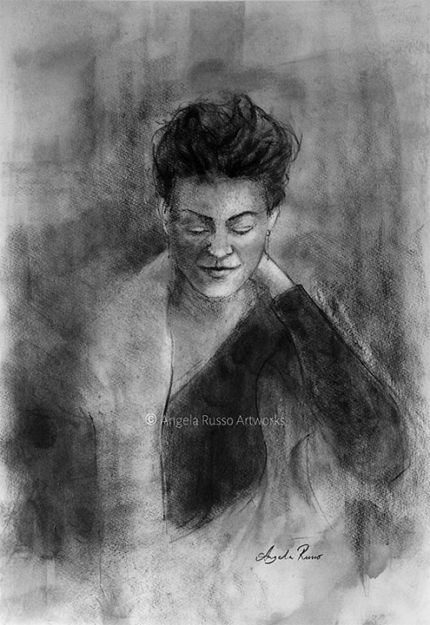 "Quiet Reflection" - charcoal drawing of a woman in an off the shoulder top - by Angela Russo
