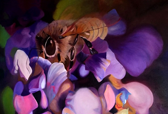 Oil painting by Maggie Bush Oil painting of a bee on mauve flowers by Maggie Bush