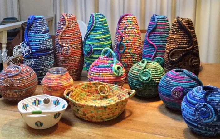 Fabric pots by Maggie Bush brightly coloured coiled fabric pots by Maggie Bush