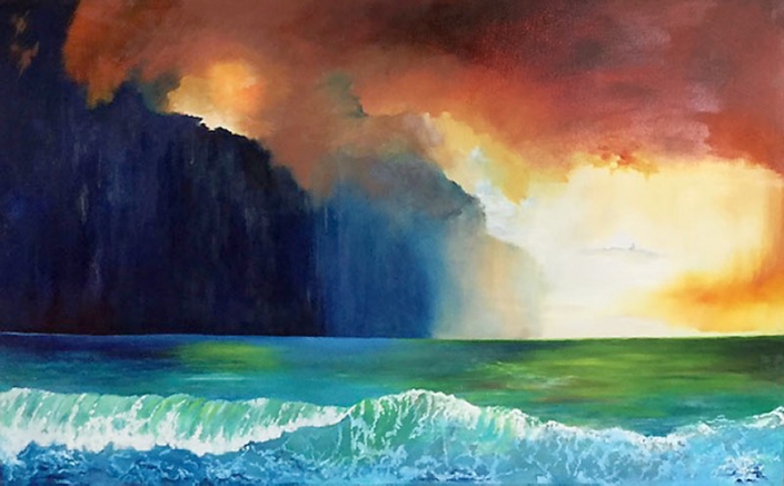 Seascape by Maggie Bush Seascape with dark cliffs and orange sky by Maggie Bush