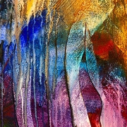 Detail - Tropical Sunrise - semi-abstract acrylic painting of leaf patterns in bright oloursby Paula Petersen