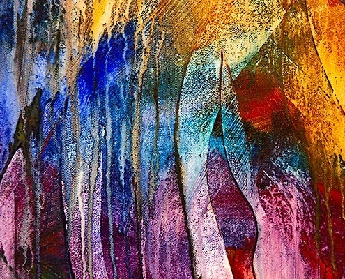Detail - Tropical Sunrise - semi-abstract acrylic painting of leaf patterns in bright oloursby Paula Petersen