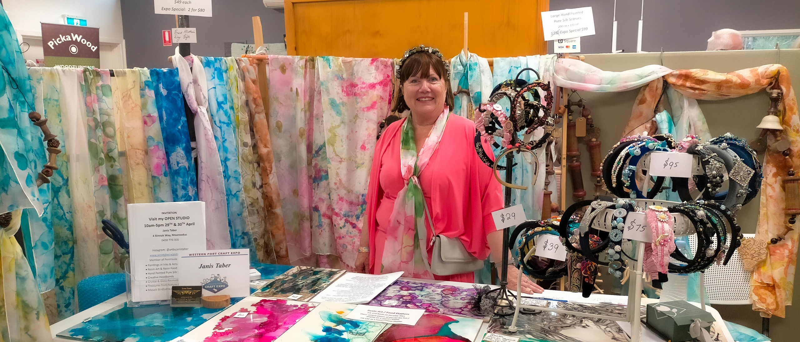 Jan Barbieri at Hastings Craft Expo Jan Barbieri from the Peninsula Arts Textile Group, at Hastings Craft Expo, with hand crafted scarves, prints and accessories