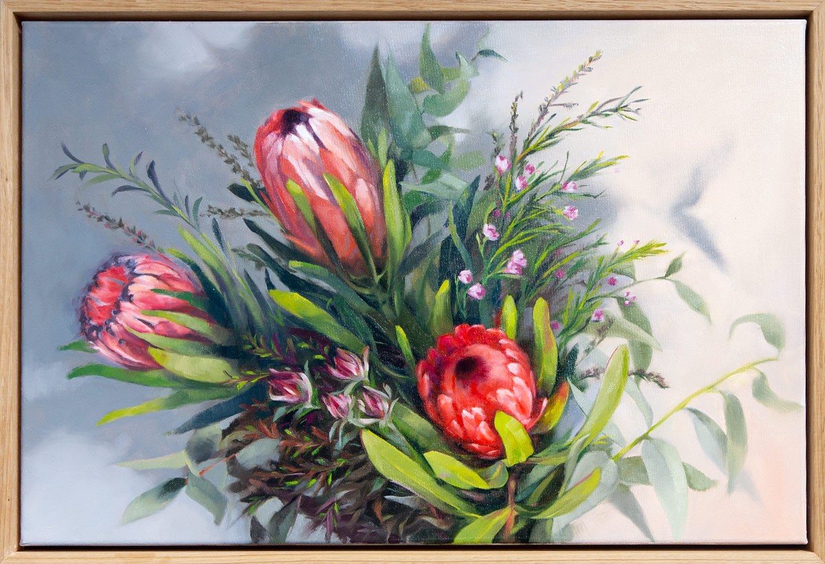 Maria Radun - Proteas - Oil On Canvas - a bunch of flowers featuring red proteas