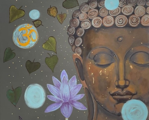 Artwork by Paola Ditel depicting stylized Buddha face, lotus flower, leaves and a starry sky background.
