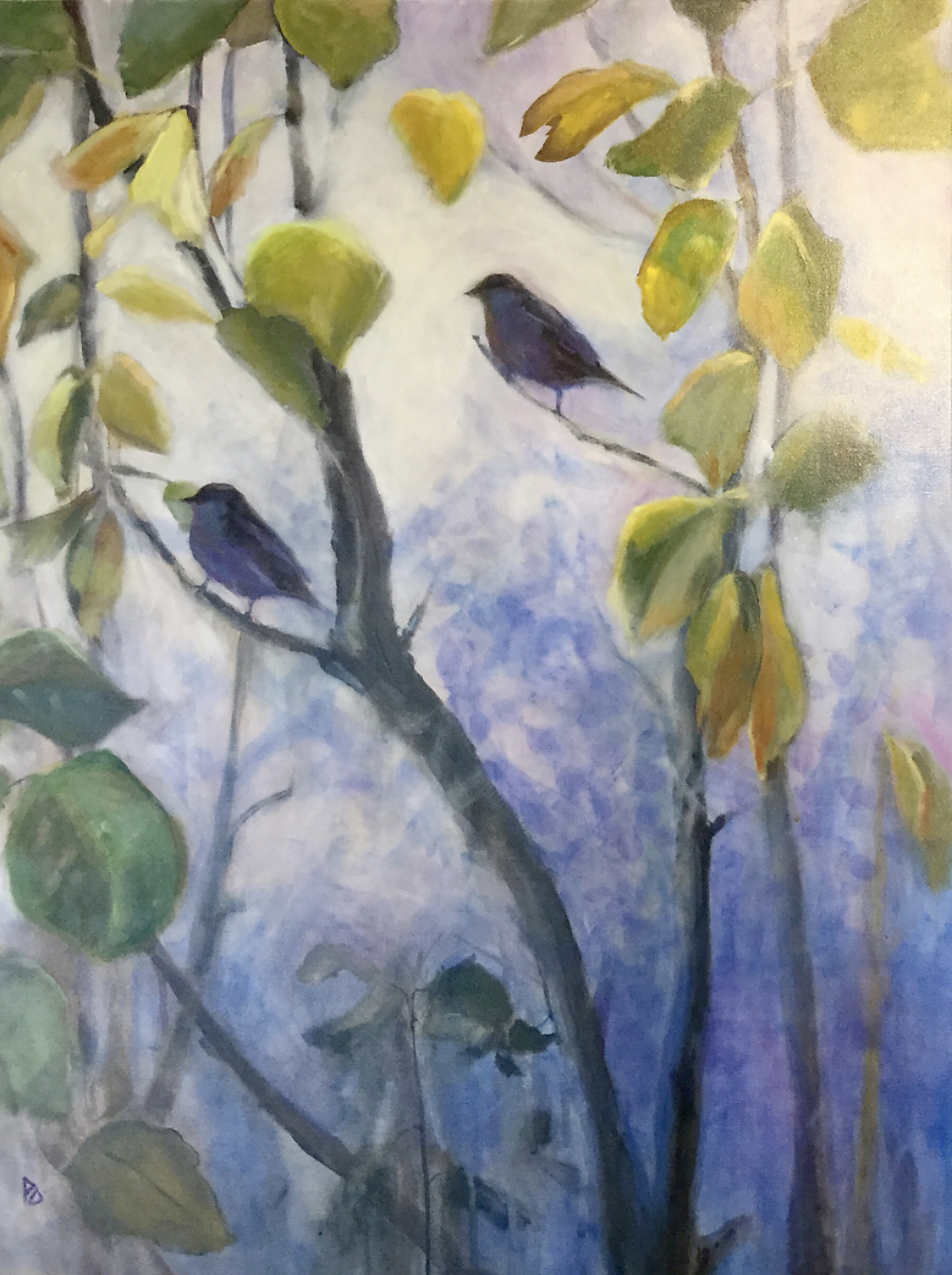 Painting of 2 birds perched in a tree by Paola Ditel
