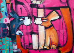 Detail-acrylic painting demo painting - unfinished - by Janine Daddo. Shows 2 quirky dog characters sniffing each other.