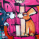 Detail-acrylic painting demo painting - unfinished - by Janine Daddo. Shows 2 quirky dog characters sniffing each other.